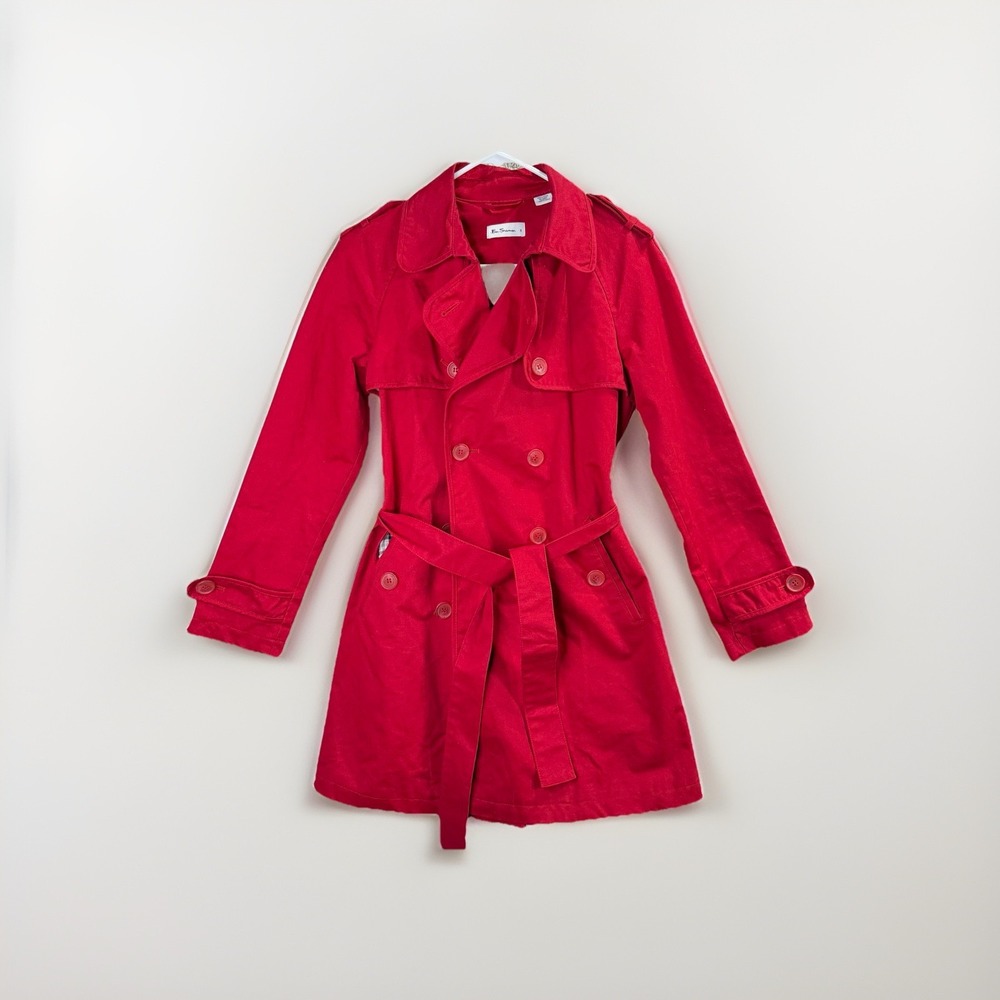 Ben Sherman Women's Red Trench Coat Size Small Classic Belted Cotton Jacket